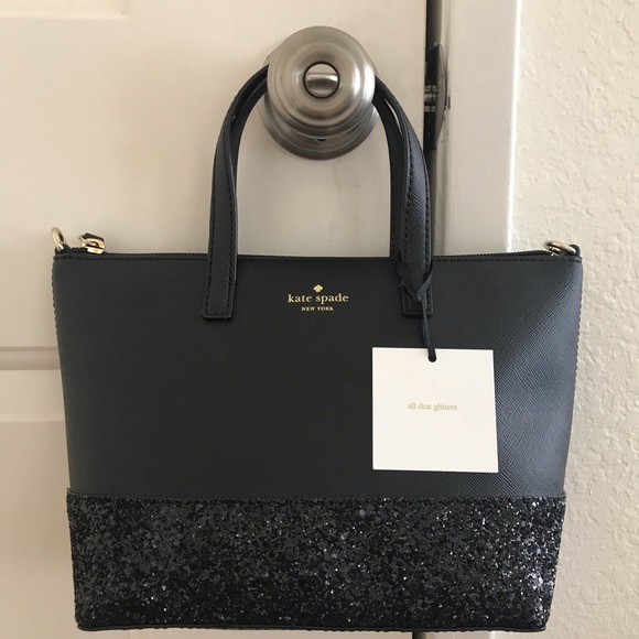 Kate Spade New York Ina Greta Court Glitter Crossbody Bag Top Handle  Handbag (Black): Handbags